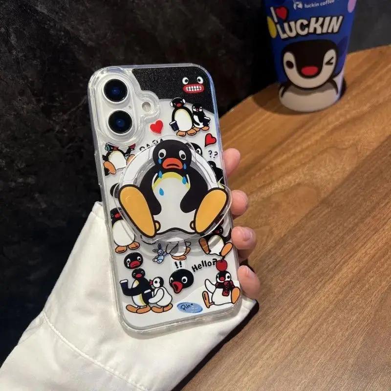 

НОВЫЙ Корейский Милый Мультяшный Пингвин POP-socket Сильный Магнитный Держатель для Телефона GripTok Grip Tok Стенд для iPhone 17 Pro Max Складной Держатель Кронштейн чёрный