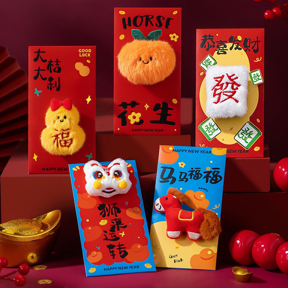 Red Envelopes with 3D Plush Doll Design Money Envelopes for Christmas Wedding Birthday Home Chinese New Year Red Packets