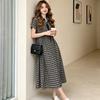 Fashion plaid button-tie polo collar dress temperament women's summer large size loose waist A-word long dress