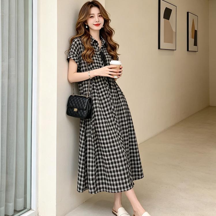 Fashion plaid button-tie polo collar dress temperament women's summer large size loose waist A-word long dress