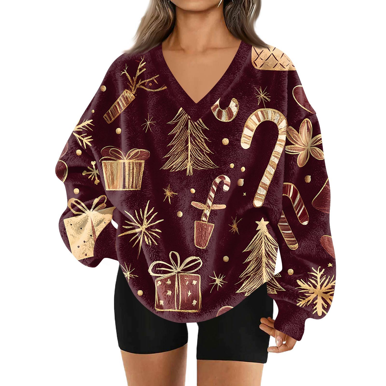 

Женская модная повседневная толстовка с длинным рукавом и V-образным вырезом с рождественским принтом S