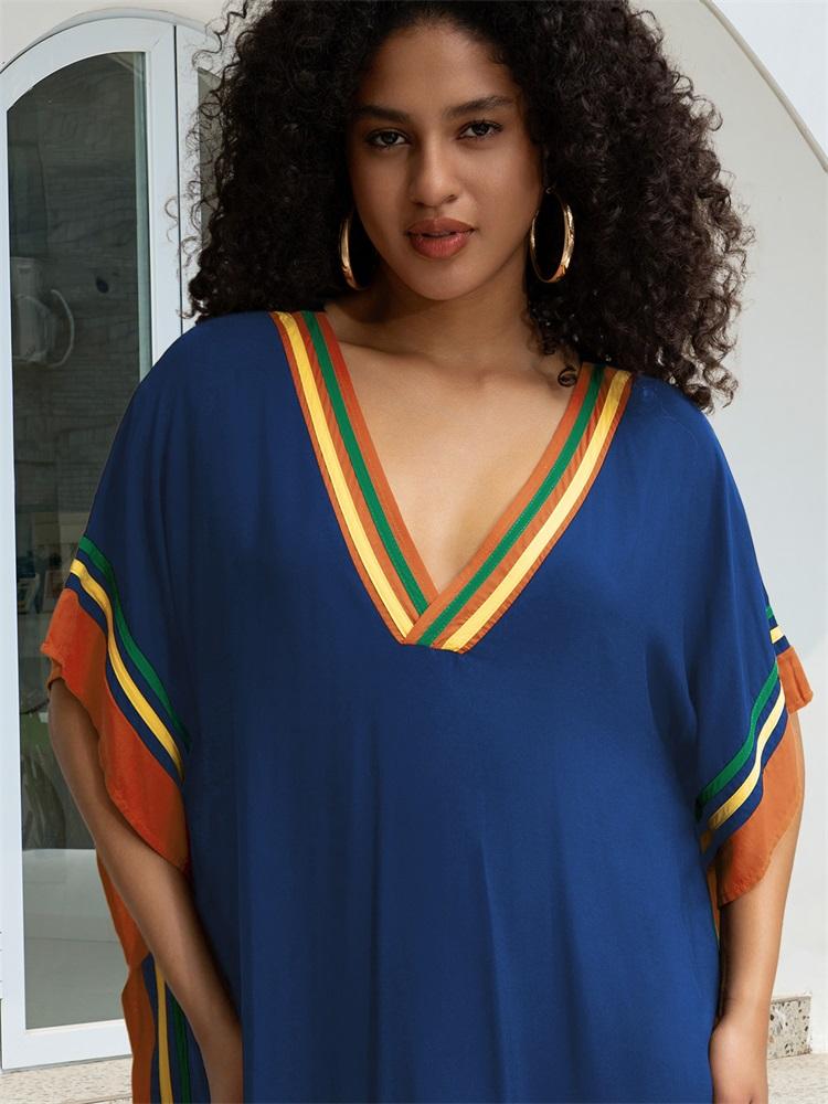EDOLYNSA Chic V-neck Plus Size Kaftan Long Beach Dress 2024 Women Summer Holiday Beachwear Swimsuit Cover Up Loose Cozy House Robe Q1615
