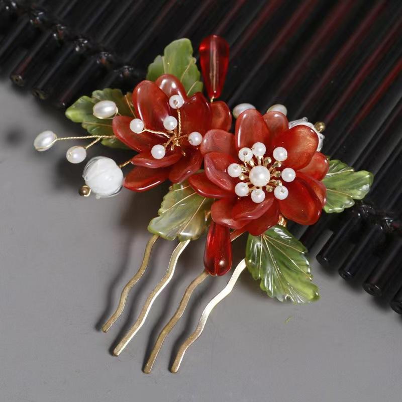 Vintage Flower Hairpin Elegant Chinese Style Glass Flower Hair Comb For Women Girls Exquisite Fairy Metal Hair Accessories 1pc