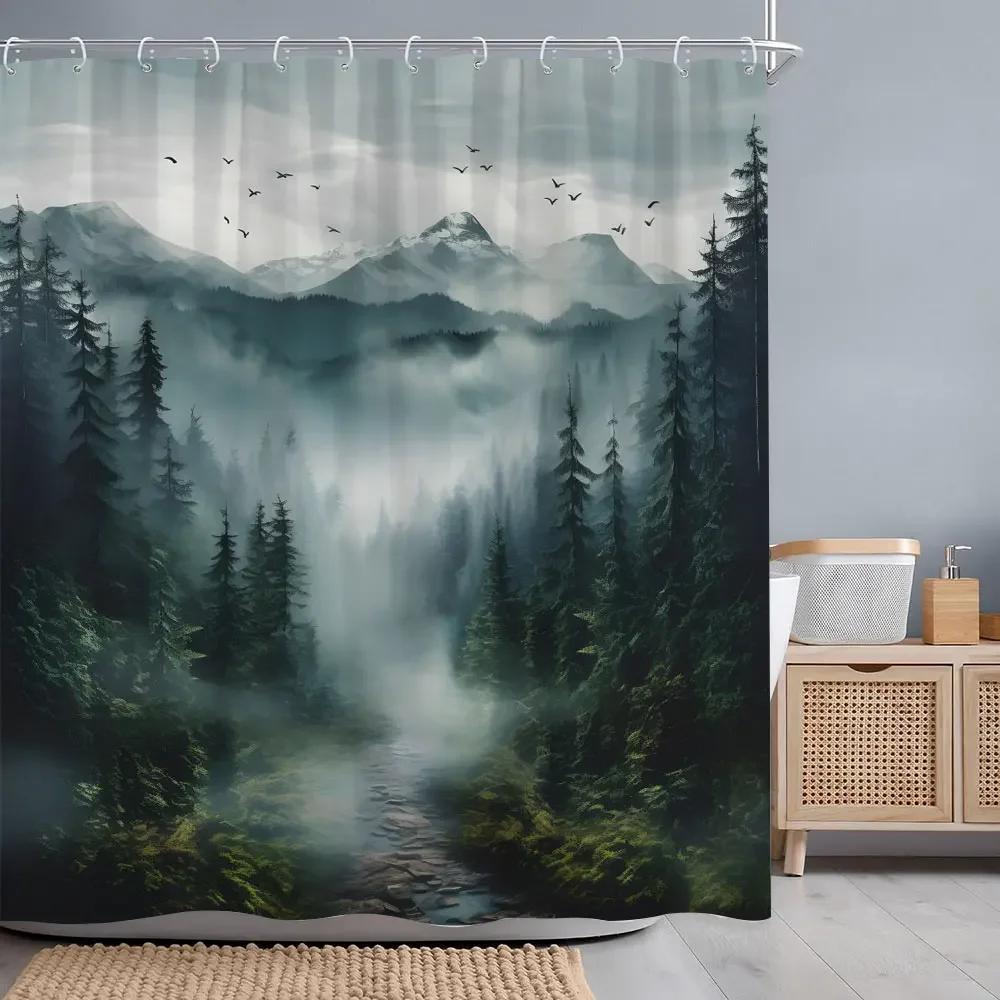 Misty Forest Shower Curtain Woods Birds Watercolour Art Creative Polyester Fabric Shower Curtains Bathroom Decoration With Hooks