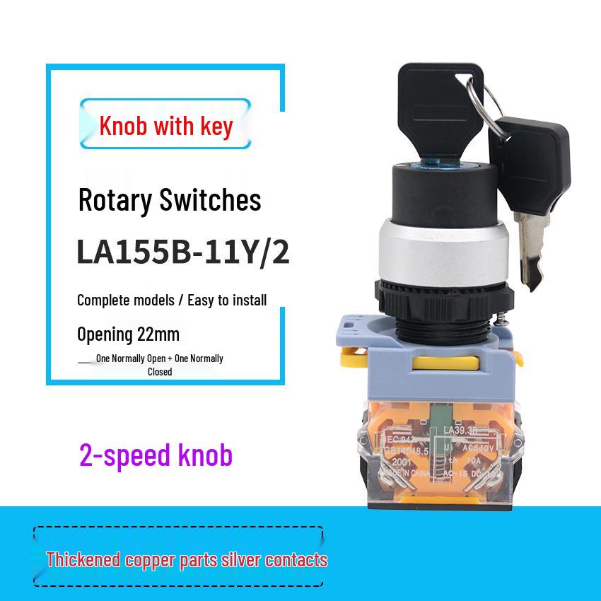 Two-Position Key Rotary Switch, Model LA155B-11Y/2, On/Off, Thickened Copper Parts, Silver Contacts, 22mm Hole.