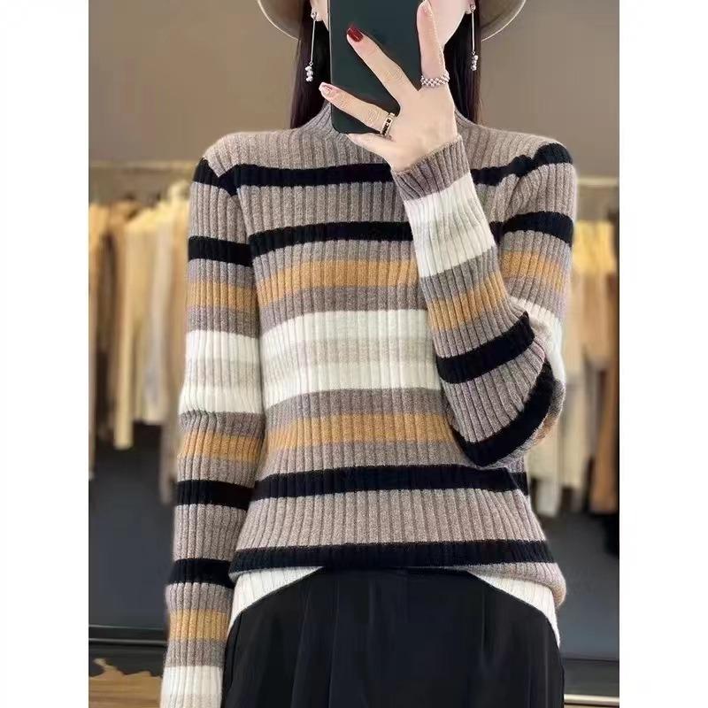 Autumn and winter new semi-turtleneck striped knitted sweater pullover female slim slim slim bottom women's sweater striped