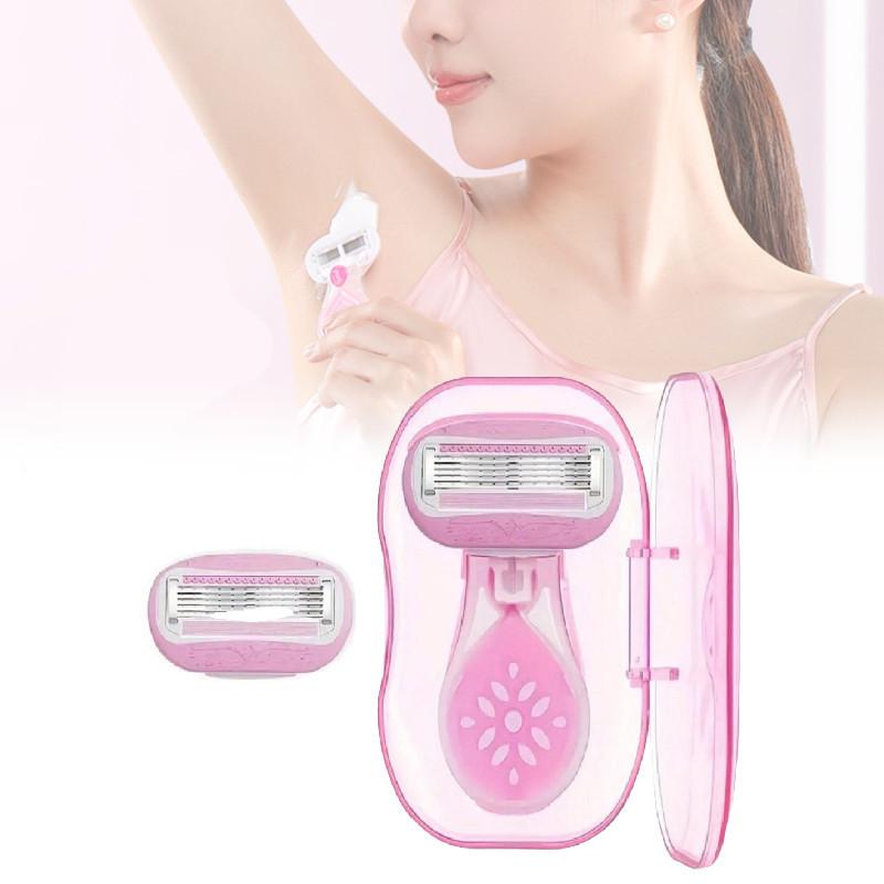 Manual Women's Razor With Five-blade Technology In Peach Pink Short Handle Includes One Razor Handle One Blade Head And Storage Case