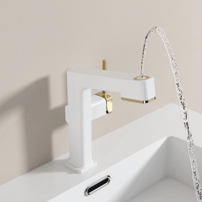 Cream Style Copper White Liftable Pull-Out Basin Faucet