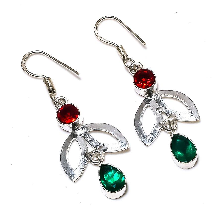 Peridot, Garnet Gemstone Handmade 925 Sterling Silver Jewelry Earring 2.13" SU-7646