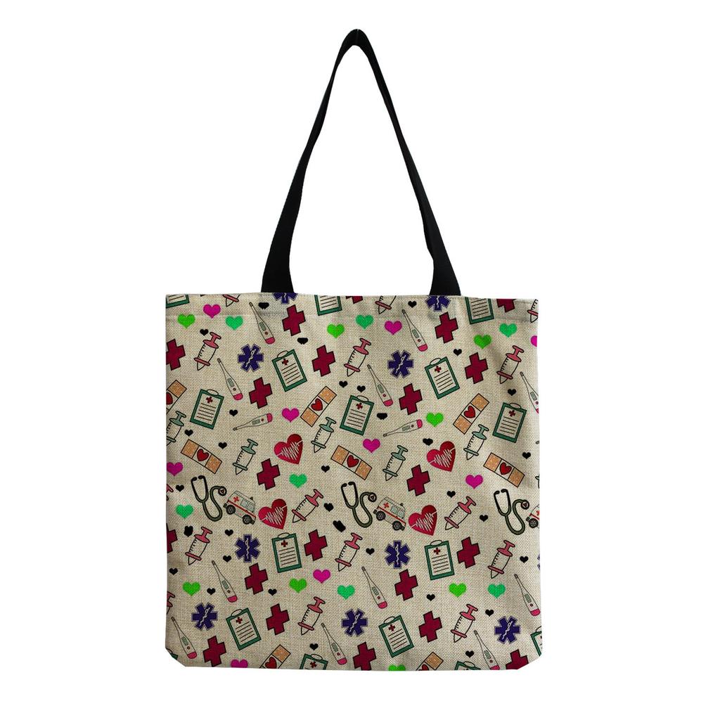 Damen Vintage Leinen-Tragetasche - Große Kapazität Krankenschwester-Print Schulter-Handtasche für Freizeit & Lebensmitteleinkauf KTB