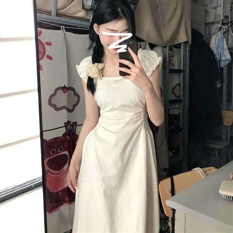 Square Collar Simple Dress Women's Clothing Summer New First Love Pure Milk Sweet Small Niche Waist Medium and Long Dress