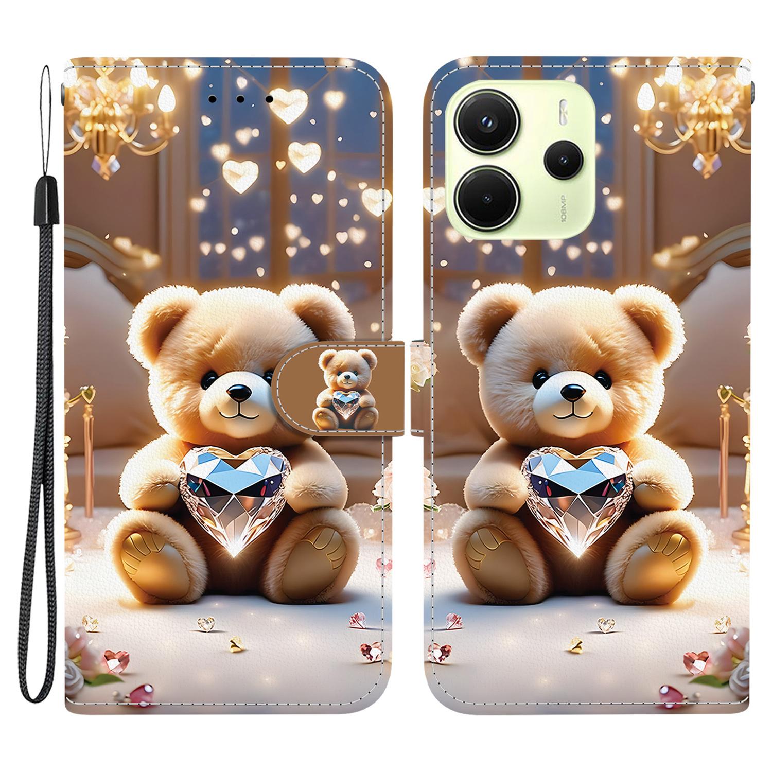 

Для Xiaomi Redmi Note 14 4G (163,25 мм) Шкіряний чохол-підставка-гаманець з друком візерунка, чохол для телефону з ремінцем на зап ястя Diamond Bear