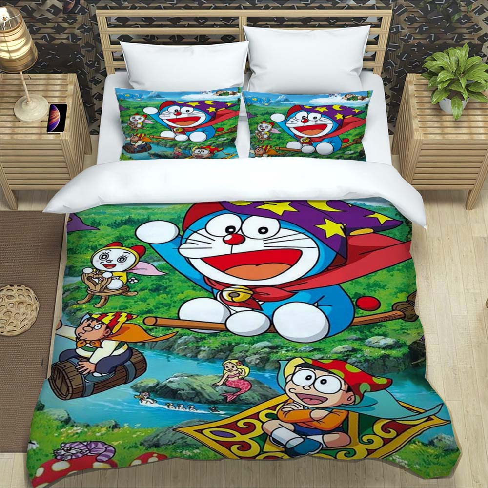 Doraemon Anime Serie Bettwäsche-Set, Inklusive Bettbezug und Kissenbezügen, 3-teiliges Set; Schlafzimmerdekoration kann individuell gestaltet werden.