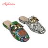 Aphixta Summer New Chain Women Snake Prints Slides Square Toe Shoes Classic Gold Buckle Rope Slippers Footwear Plus Big Size 43