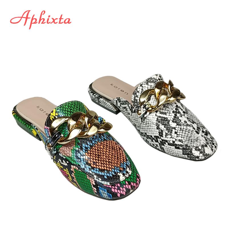 Aphixta Summer New Chain Women Snake Prints Slides Square Toe Shoes Classic Gold Buckle Rope Slippers Footwear Plus Big Size 43