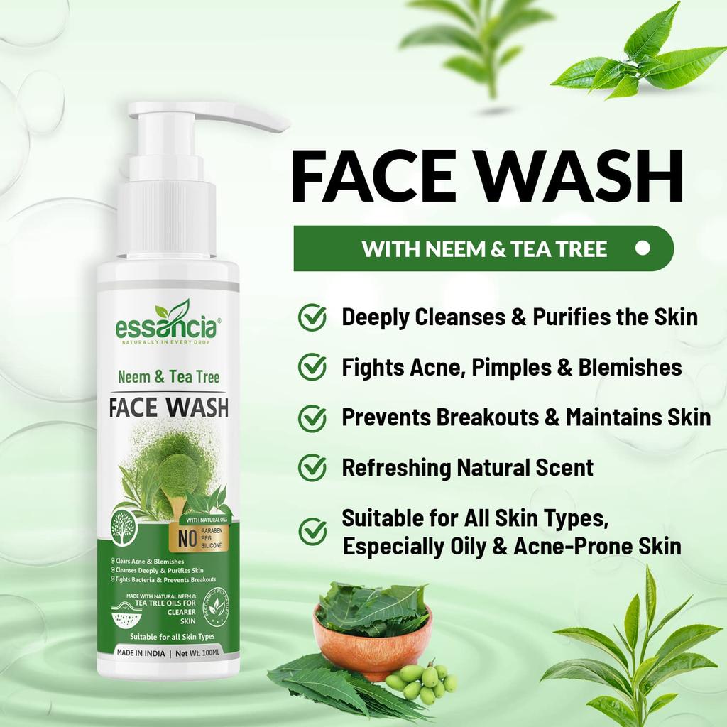 Essancia Neem & Tea Tree Face Wash - Cleanses & Purifies Skin, Fights Acne & Pimples | No Paraben No Silicones | For Men & Women (100ml)