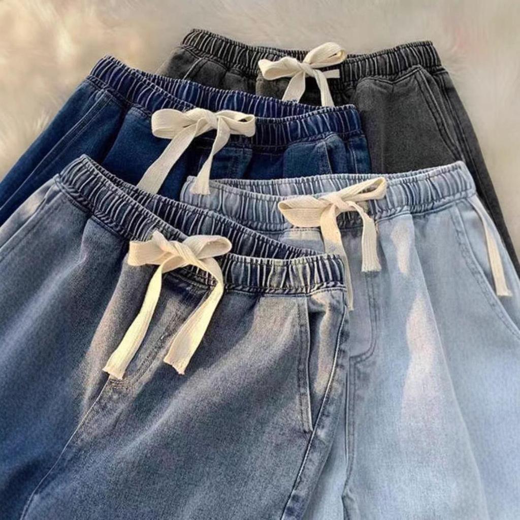 Women's Hong Kong Style Casual Solid Color Wide-Leg Jeans with Elastic Waist and Drawstring Design