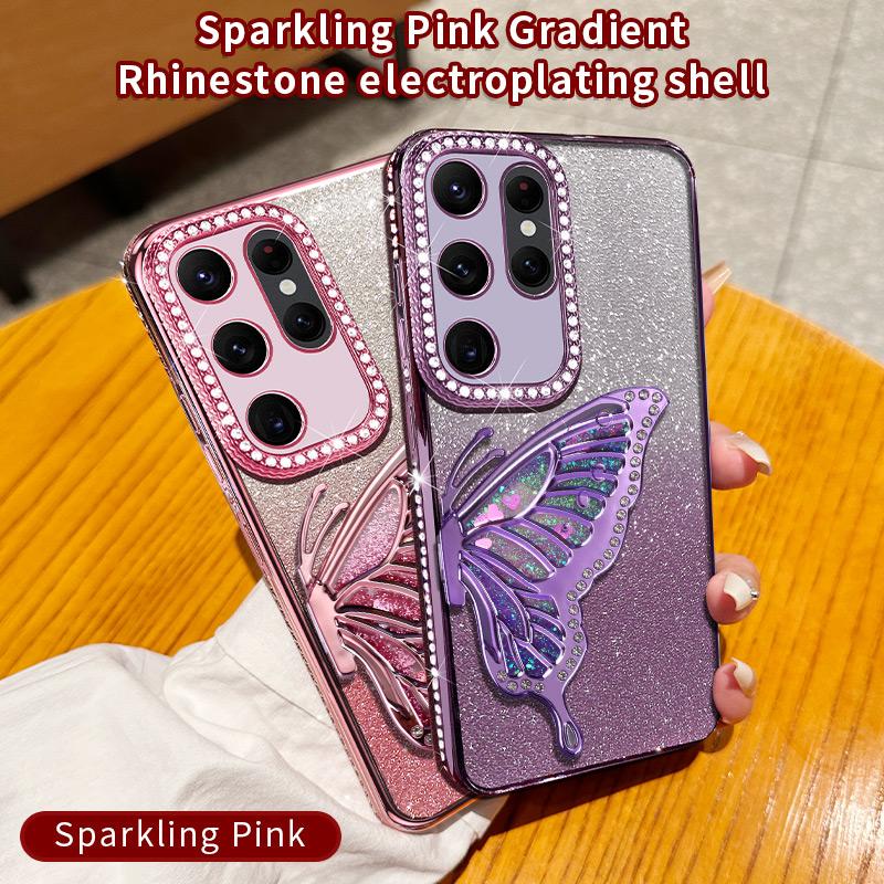 Diamond Glitter Liquid Quicksand Butterfly Phone Holder Case for Samsung Galaxy S25 S24 S23 S22 S21 S20 Ultra FE Plus Cover