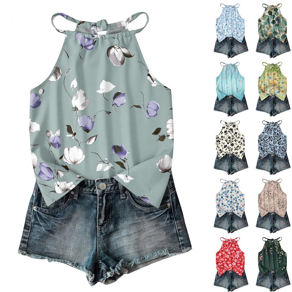 Boho Blumenmuster Ärmelloses Tanktop Leichte Sommer-Freizeitbluse Lockere Passform mit Verstellbaren Trägern für Damen