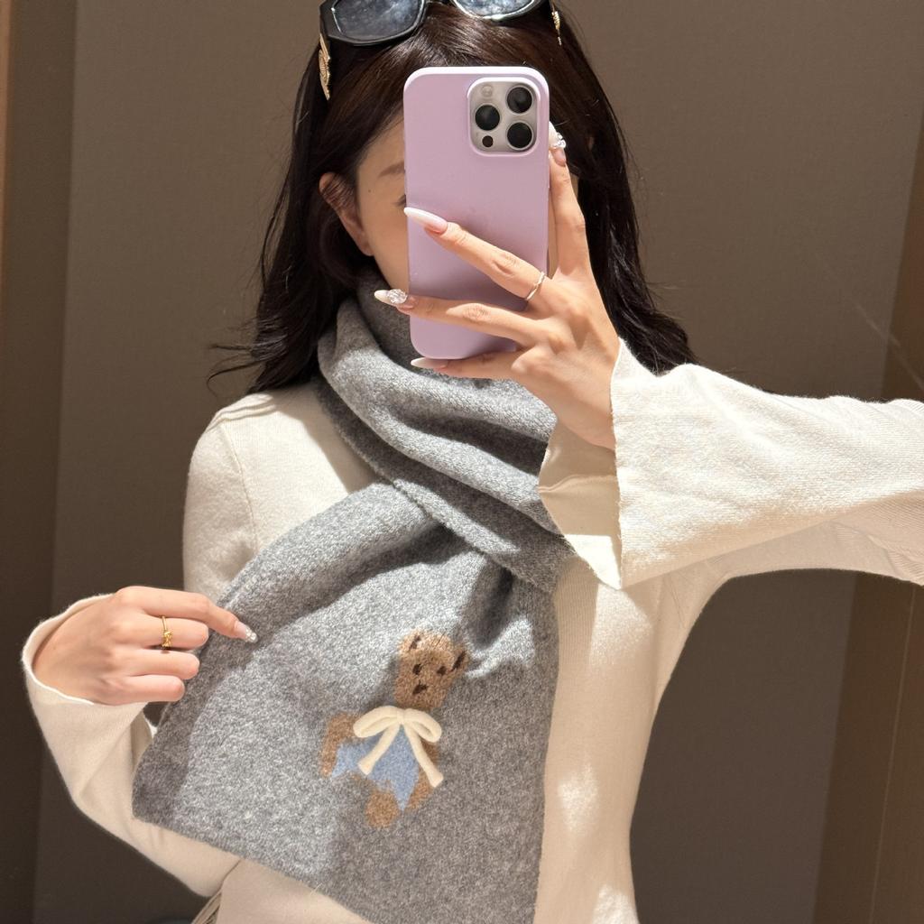 Cute Bear Knitted Autumn and Winter Warm Scarf Korean Student Couple Versatile Neck Protector Wool Scarf