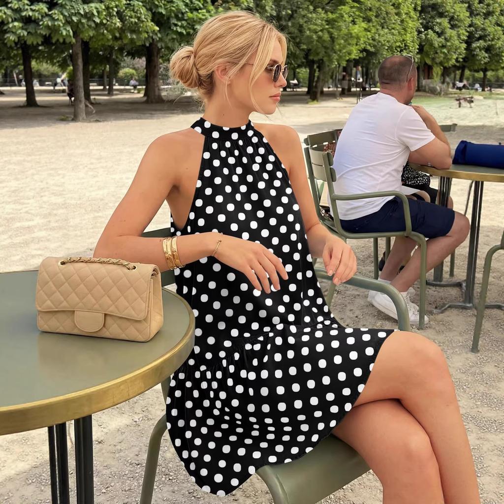 Europe and the United States 2026 summer new neck dress fans A word polka dot small vest skirt elegant