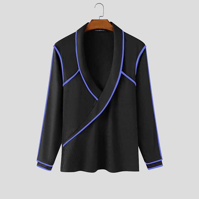 INCERUN Men Lapel V Neck Long Sleeve Stitching Fitted Casual Tops T-shirts 2XL чёрный