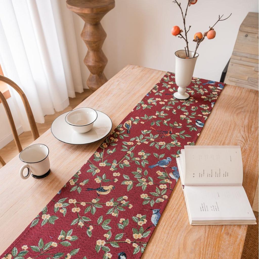 Tassels Retro Table Runner,Jacquard Jujube Red Oriole Pattern Table Decor, Floral Table Decoration for Christmas Kitchen Dining Home Party Festival