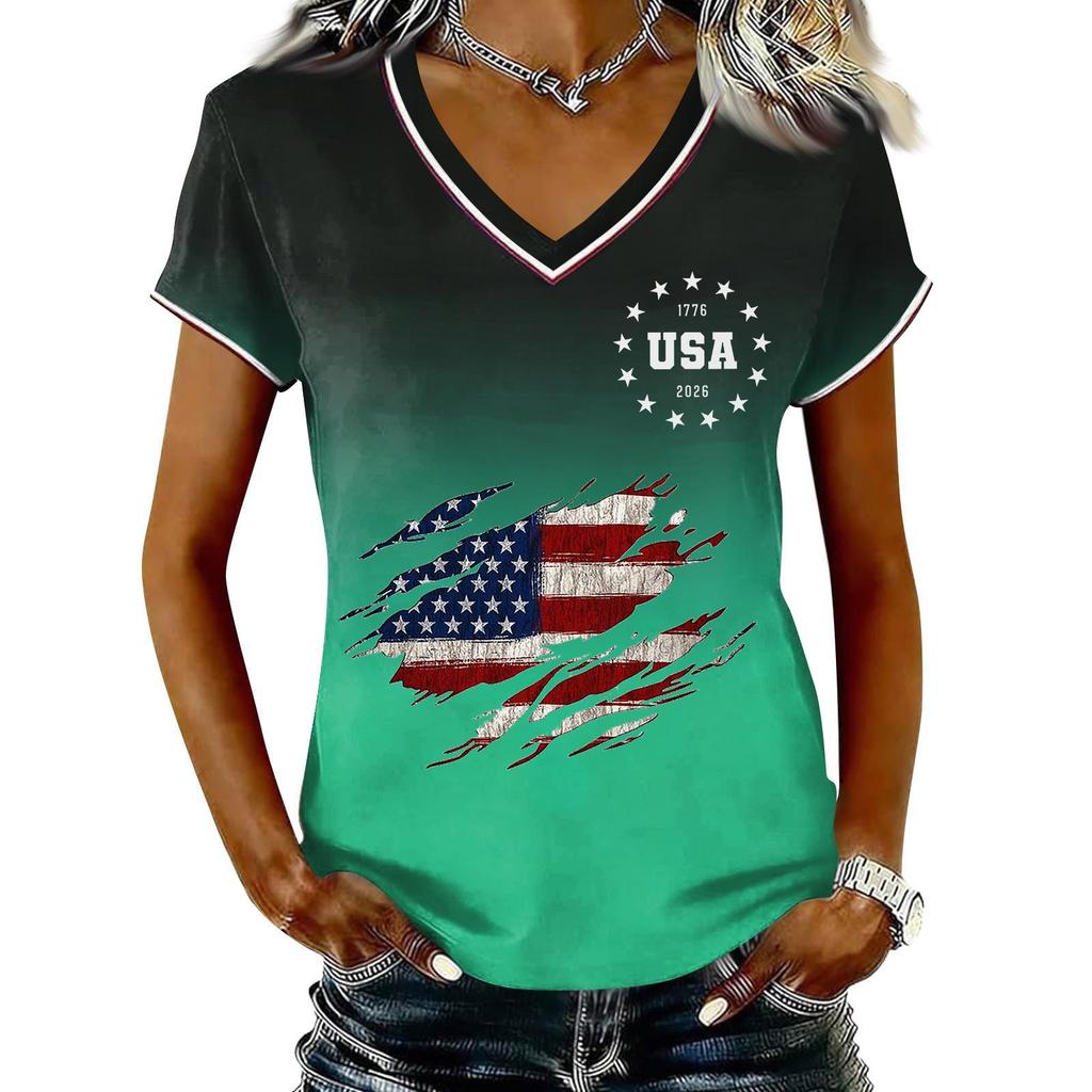 T-shirt Pull Col V Manches Courtes Décontracté pour Femme Imprimé Patriotique Dégradé Haut Jour de l'Indépendance T-shirt Graphique Drapeau USA