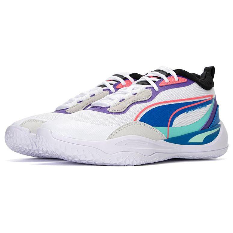 PUMA Men's White Blue Playmaker Pro Low Top Basketball Shoes 377572-18