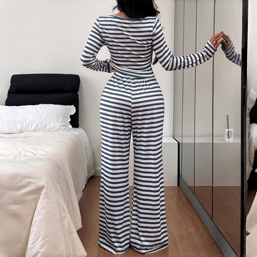 Women's Two-piece Set with A Square Trendy Striped Design Comfortable Casual Pajama New Striped Long-sleeved Wide-leg Pants