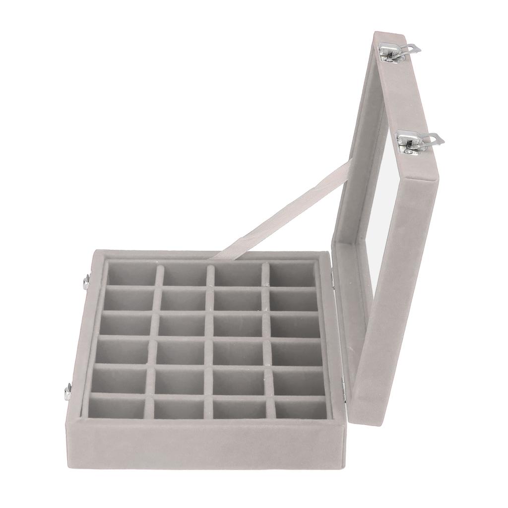 Small Velvet Jewelry Box Organizer 24 Compartments Jewelry Case Earring Rings Storage Box Jewelry Case with Locks Gray