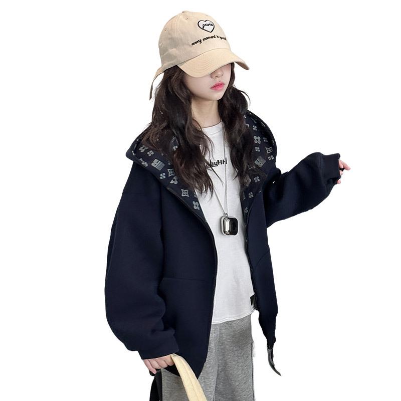 Girls' Hooded Fleece Jacket: 2025 Spring/Autumn Fashion, Korean Style Print for Big Kids