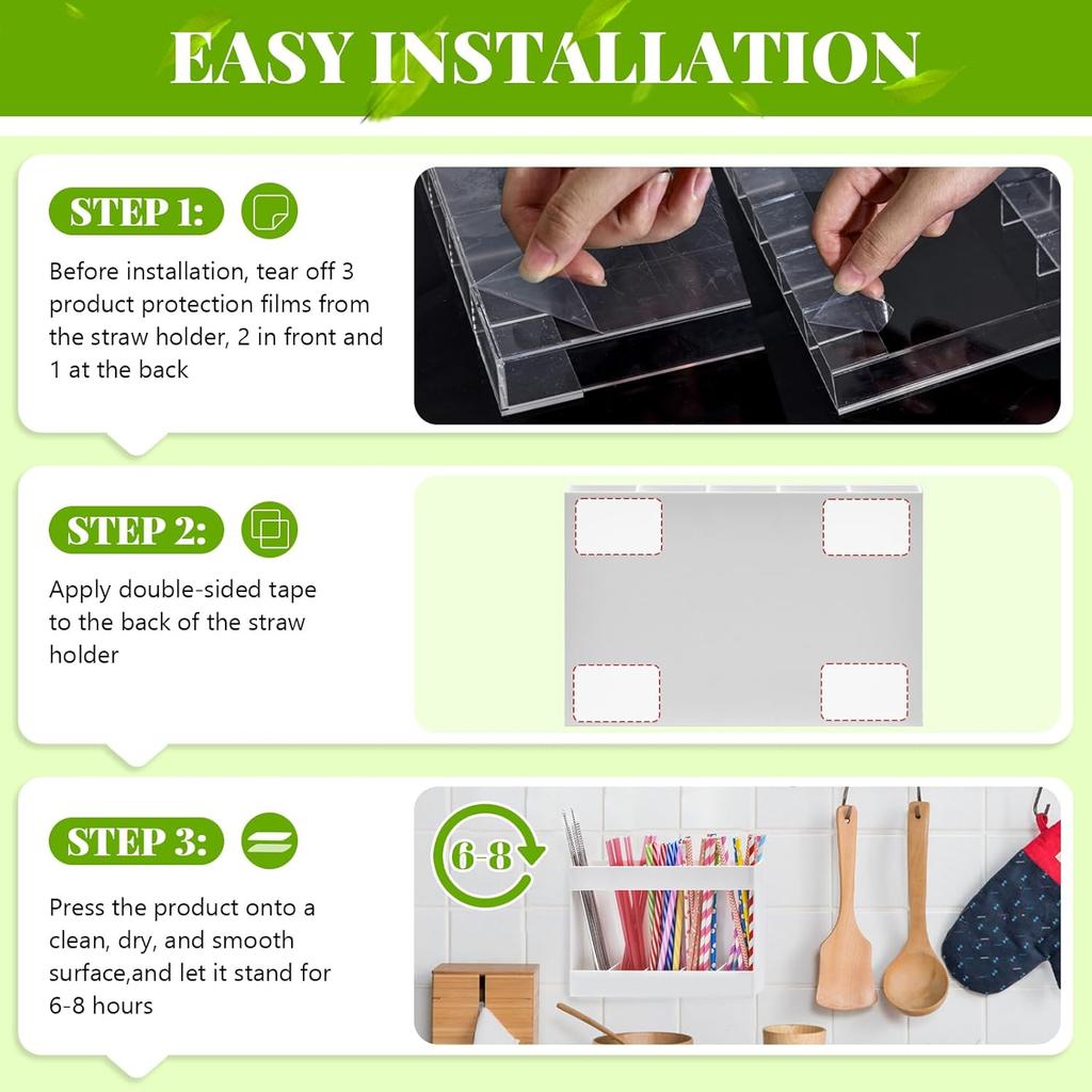9.5" Acrylic Straw Holder for Cabinet Door, Straw Organizer for Cabinet Door with Double-Sided Tape, Stickers and Cleaning Brush, Reusable Storage