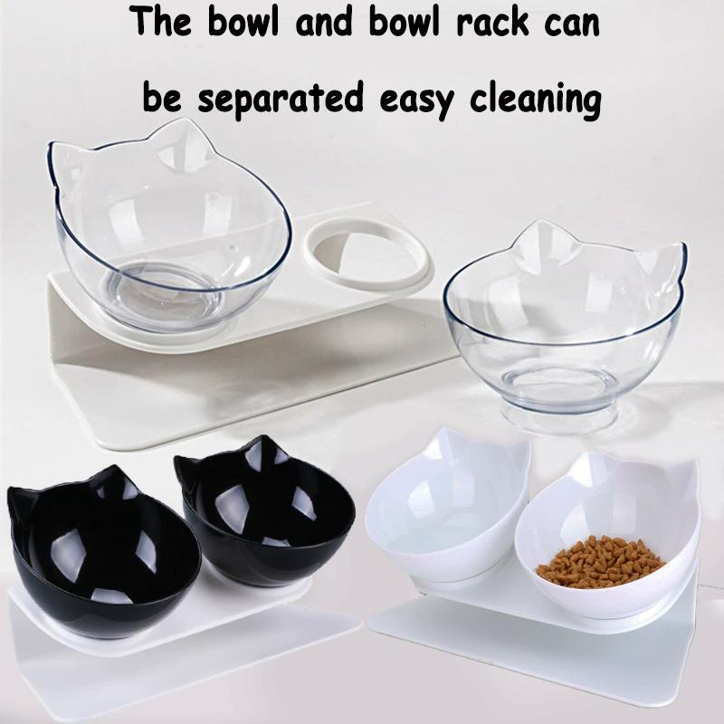 Double Cat Feeding Bowl PC Plastic Cat Shape 2 Cat Feeder Container 15 Degree Tilted Pet Inclination Stand Cats Feeding Bowl
