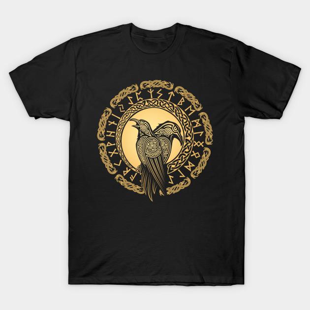 

Men Black Print T-shirt Golden Two Ravens Rune Circle No-Cut Transfer Paper Print Cotton Tshirt 4XL чорний