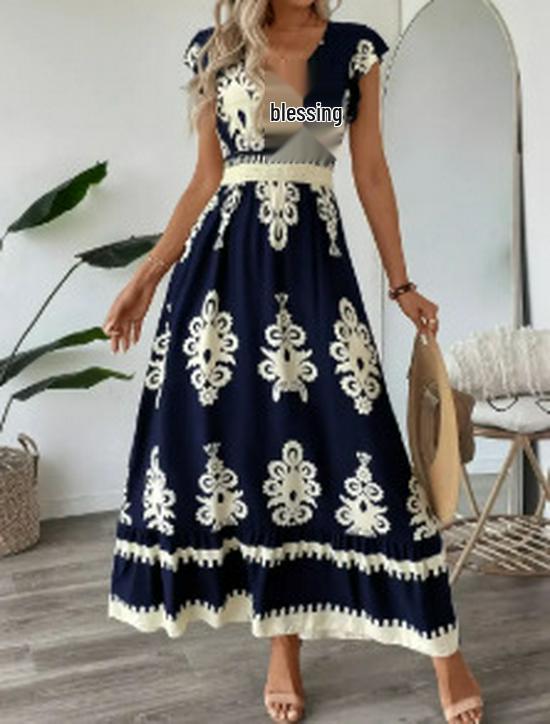 Elegant Floral V-Neck A-Line Dress with Ruffle Sleeves