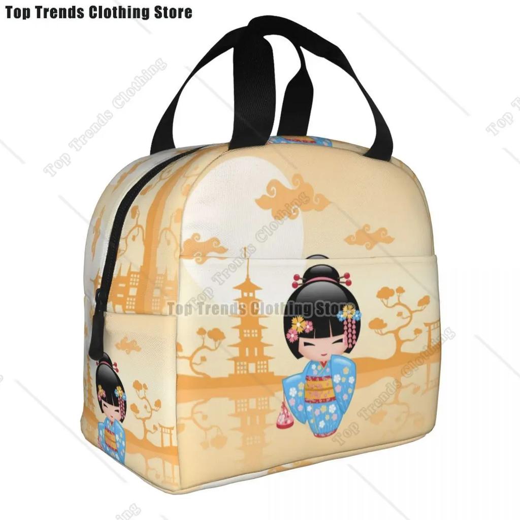Japanese Keiko Kokeshi Doll Insulated Lunch Bag Cute Design Kimono Geisha Dolls Girls Cooler Thermal Bento Box Lunch Boxes