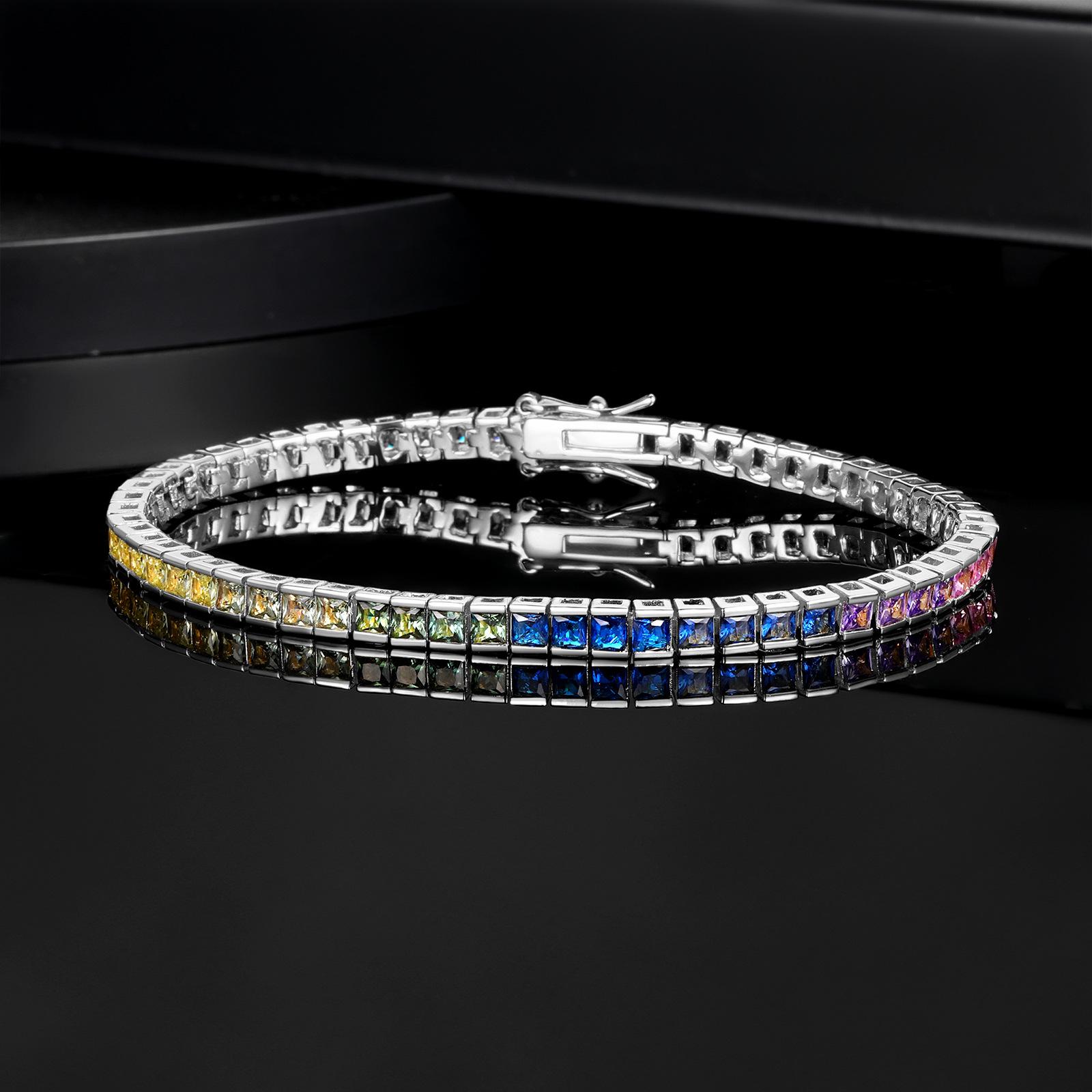 22646 Women's White/Gold A New Copper Inlaid Zircon Exquisite 2.5Mm Square Tennis Color Zirconium Bracelet Gradual Change Full Of Diamond Jewelry, Popular