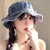 Vintage Japanese Washed Denim Bucket Hat Women Summer Large Head Size Face Slimming Basin Hat Outdoor Sun UV Protection Cap
