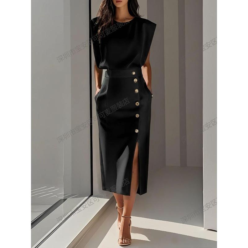 

European and American fashion royal sister style solid color round neck waist split metal buttons summer dress women S чёрный