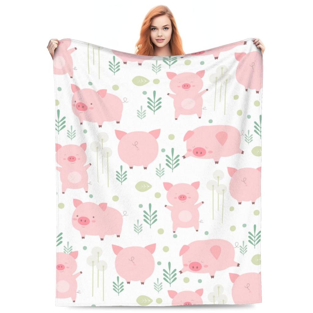 Pink Pig Flower Rose Flannel Blanket for Bed Sofa Portable Soft Fleece Throw Blankets Funny Plush Bedspread Queen King Twin Size