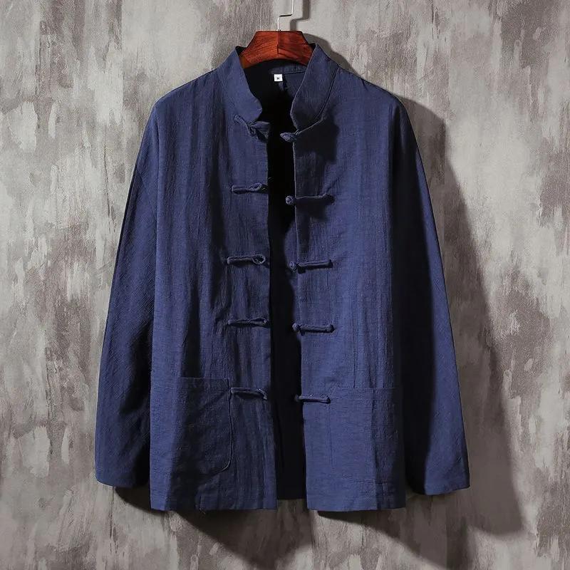Men's Thin Long-sleeved Chinese Style Shirt Solid Color Stand-up Collar Retro Casual Tang Suit