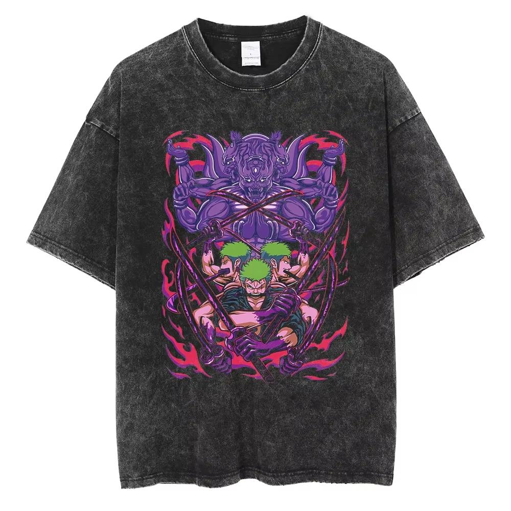 Anime ONE PIECE Zoro Harajuku Retro Vybledlé Tričko Bavlna Pánské Streetwear Oversized Dámský Krátký Rukáv