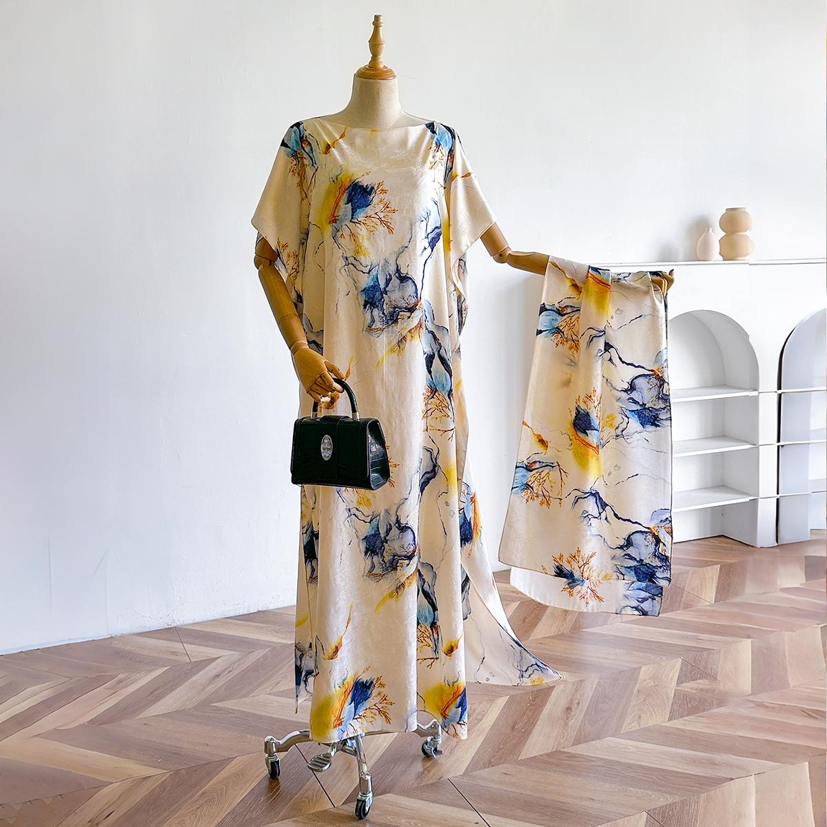 Stijl Mode Oversized Afrikaanse Dameskleding Dubai Dashiki Abaya Bloemenprint Ontwerp Met Sjaal Losse Lange Jurk beige