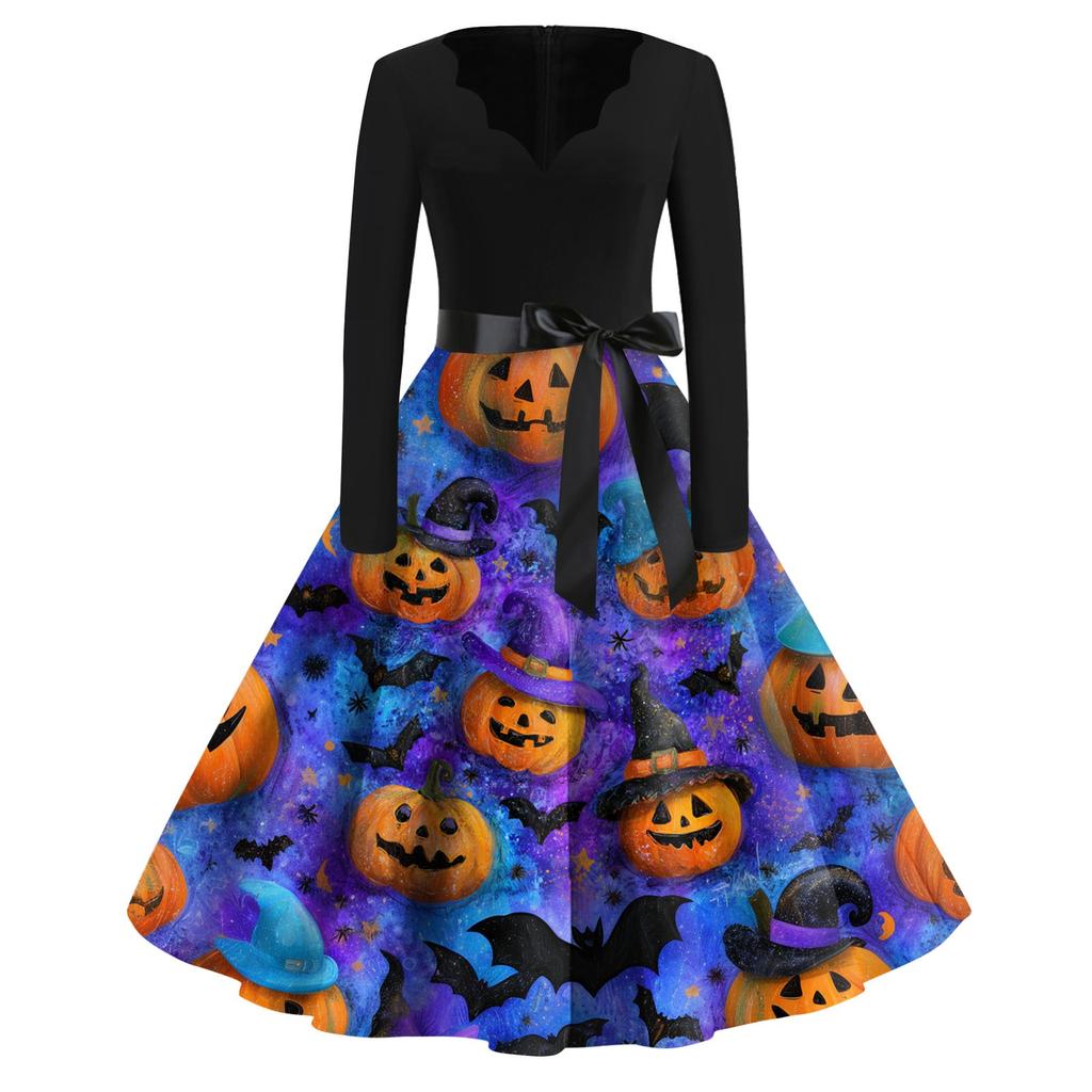 Women's Casual Fashion Halloween Printed V-Neck Vintage Dress