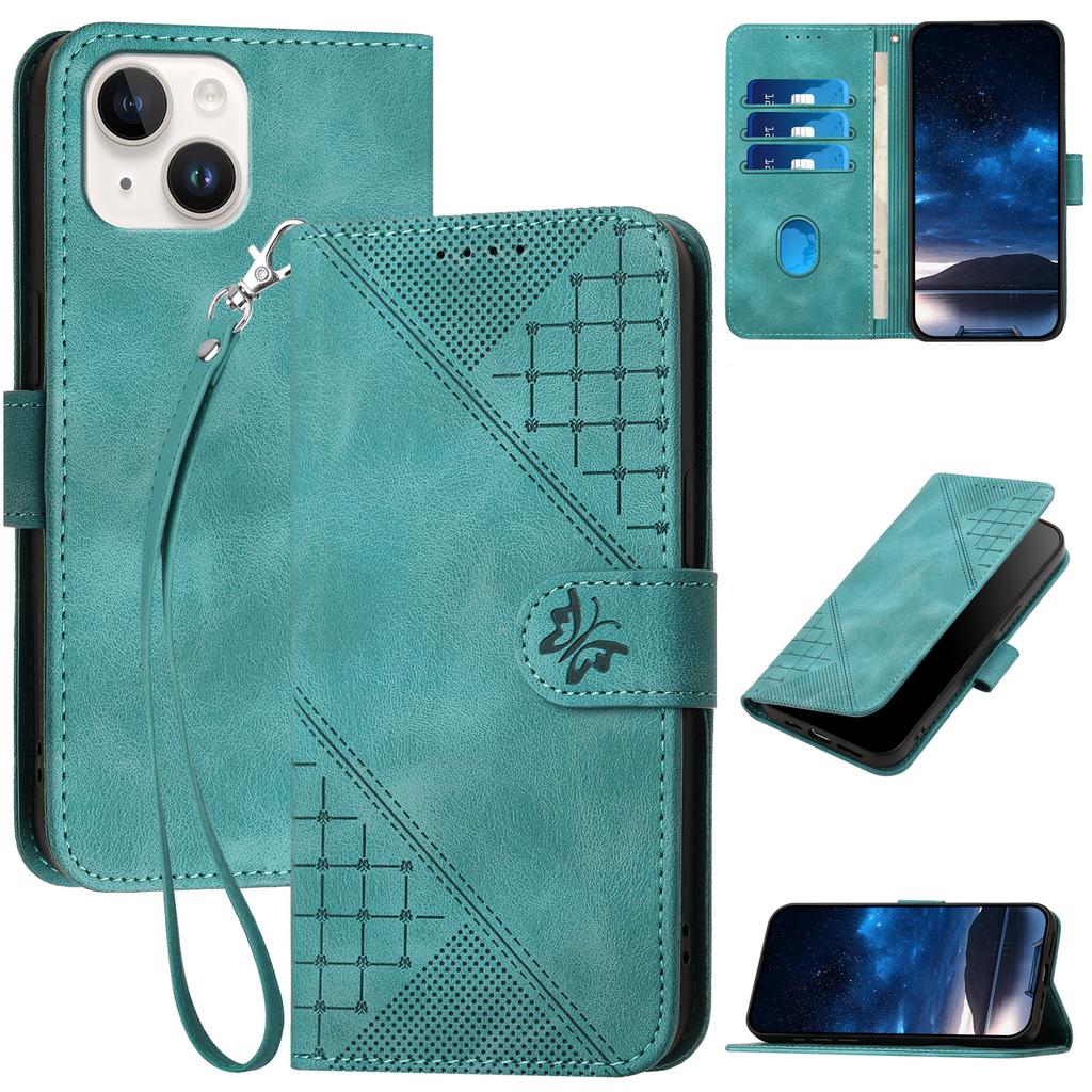 For iPhone 15 Leather Wallet Case Butterfly Flower Imprinted Phone Cover with Strap
