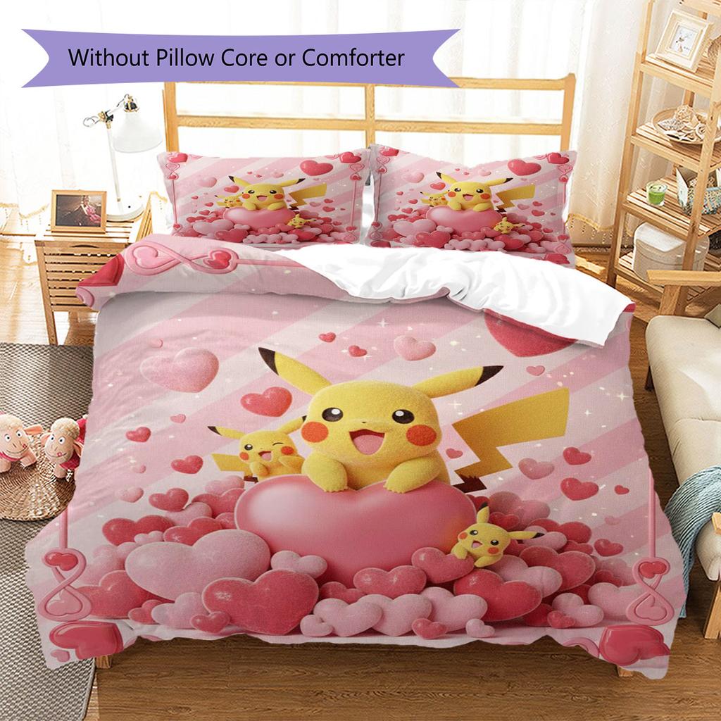 Liebe Pokemon Muster Bettwäsche Bettdecke Set Bettbezug Kissenbezug Heimdekoration Geburtstagsgeschenk (1 Bettbezug + 2 Kissenbezüge, ohne Füllung)