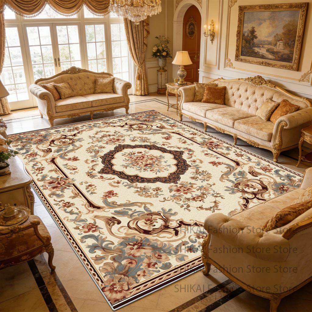European Style Flower Beige Living Room Carpet Home Decoration Luxury Non-slip Fluffy Rug Large Size Easy Clean Soft Floor Mats