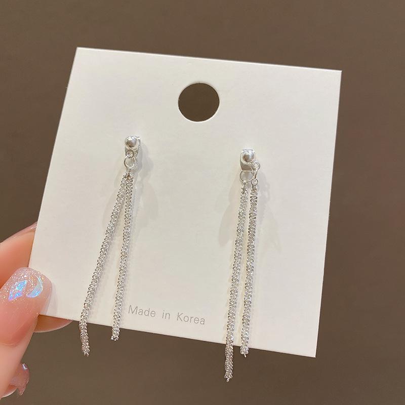 

Korean silver needle long sparkling earrings femininity fringed earrings round face thin ear jewelry