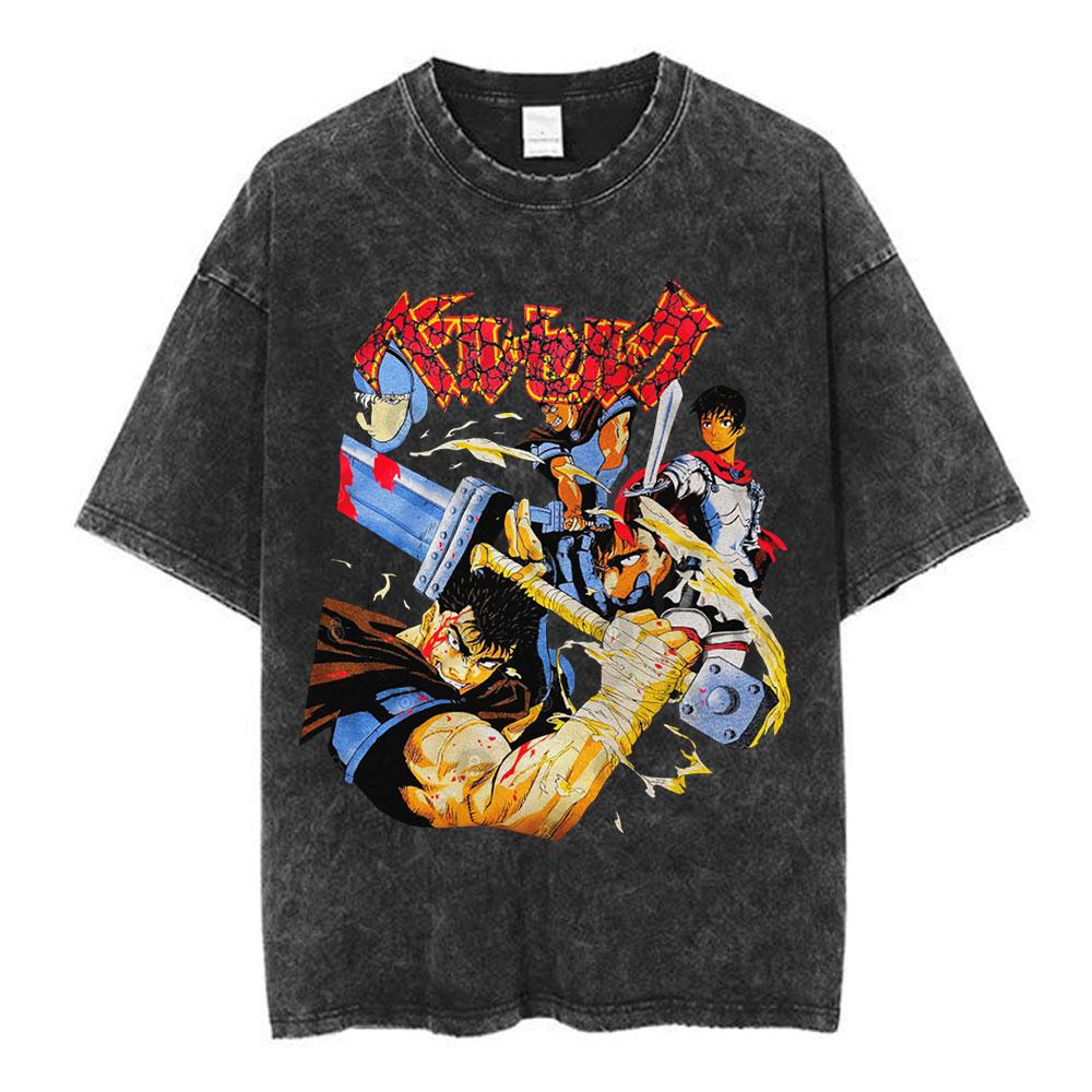 Japanese Anime Berserk Guts Vintage Washed T Shirt Griffith Swordsman Gatsu Sacrifice Zodd T-shirts Unisex Cotton Casual T-Shirt
